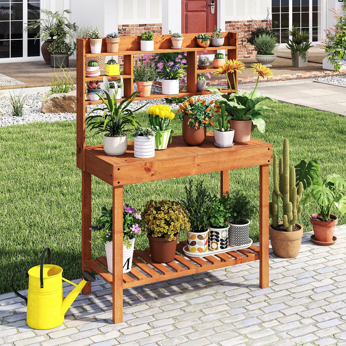Happygrill Wooden Potting Bench Table, 61" Garden Planting Workstation w/ 3-Tier Open Shelf, Flip-up Tabletop, Bottom Storage Rack, Indoor Outdoor Flower Pot Bench for Backyard, Balcony, Lawn HAPPYGRILL