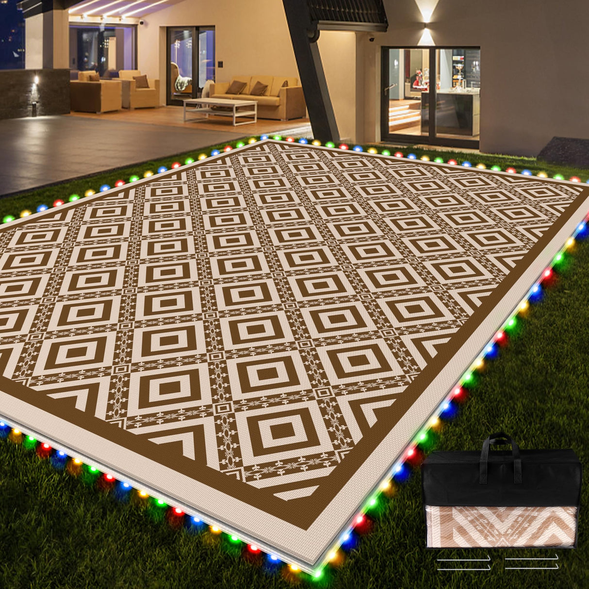 RV Outdoor Rug with Lights 8x10ft, Outdoor Camping Rug, Waterproof, Easy Cleaning, Non Shedding, Foldable and Portable, Reversible Mats for RV, Deck, Beach, Camping, Patio, Picnic (Brown & White) Pafolo
