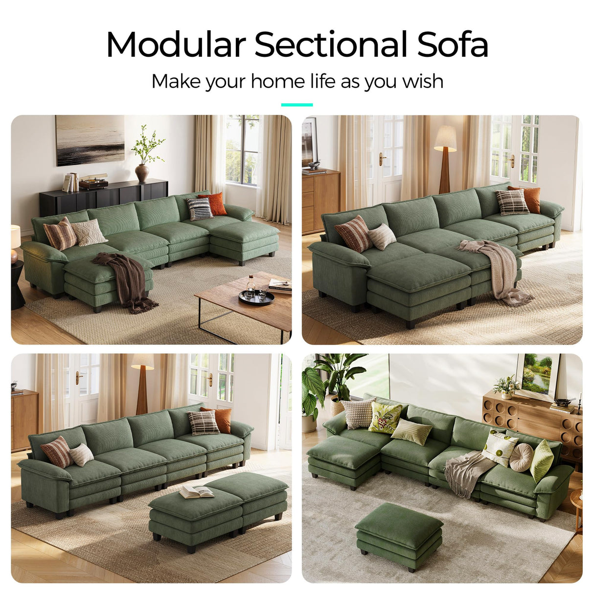 LINSY HOME 157'' Modular Sectional Sofa Green Couch Corduroy Cloud Couches for Living Room, U Shaped Couch with Movable Ottoman, Modern Cloud Sectional Sofas for Bedroom and Apartment, Green LINSY HOME