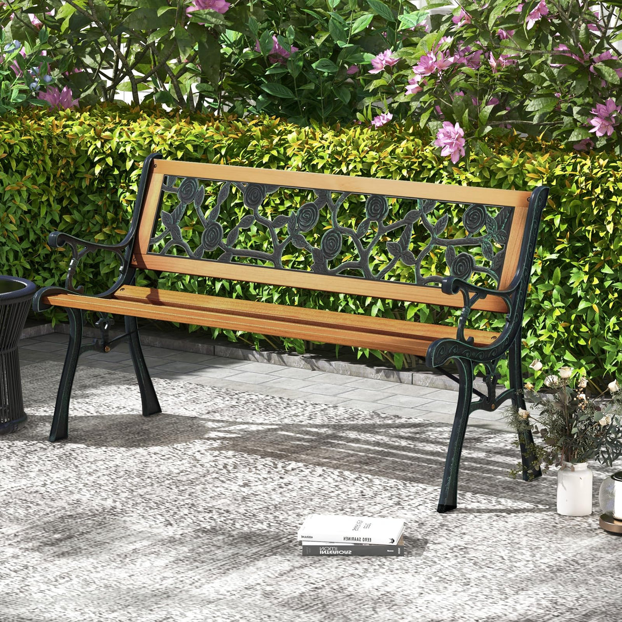 Tangkula Outdoor Garden Bench Park Bench, Patio Iron Bench Chair with Cast Iron & Hardwood Structure, Weather Proof Porch Loveseat, Perfect for Backyard, Deck, Lawn, Poolside Tangkula