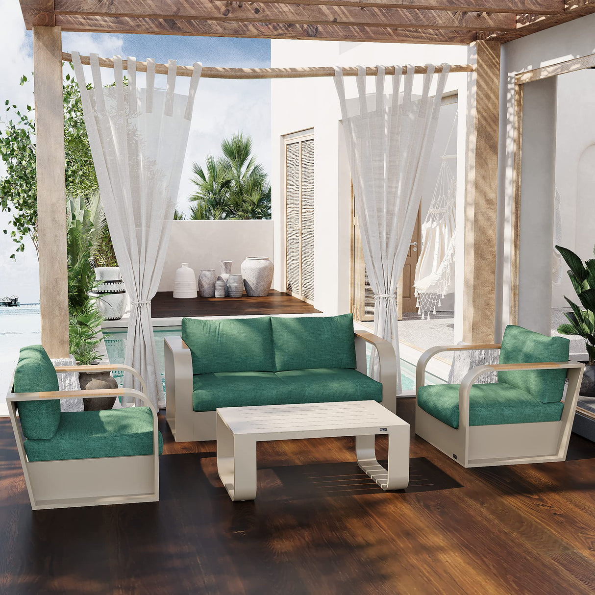 EAST OAK Signature 4 Pieces Patio Furniture Set, Aluminum Outdoor Furniture with Teak Wood Armrest, Sofa and Coffee Table Patio Set, Modern Patio Conversation Set for Porch, Champagne Gold & Green EAST OAK