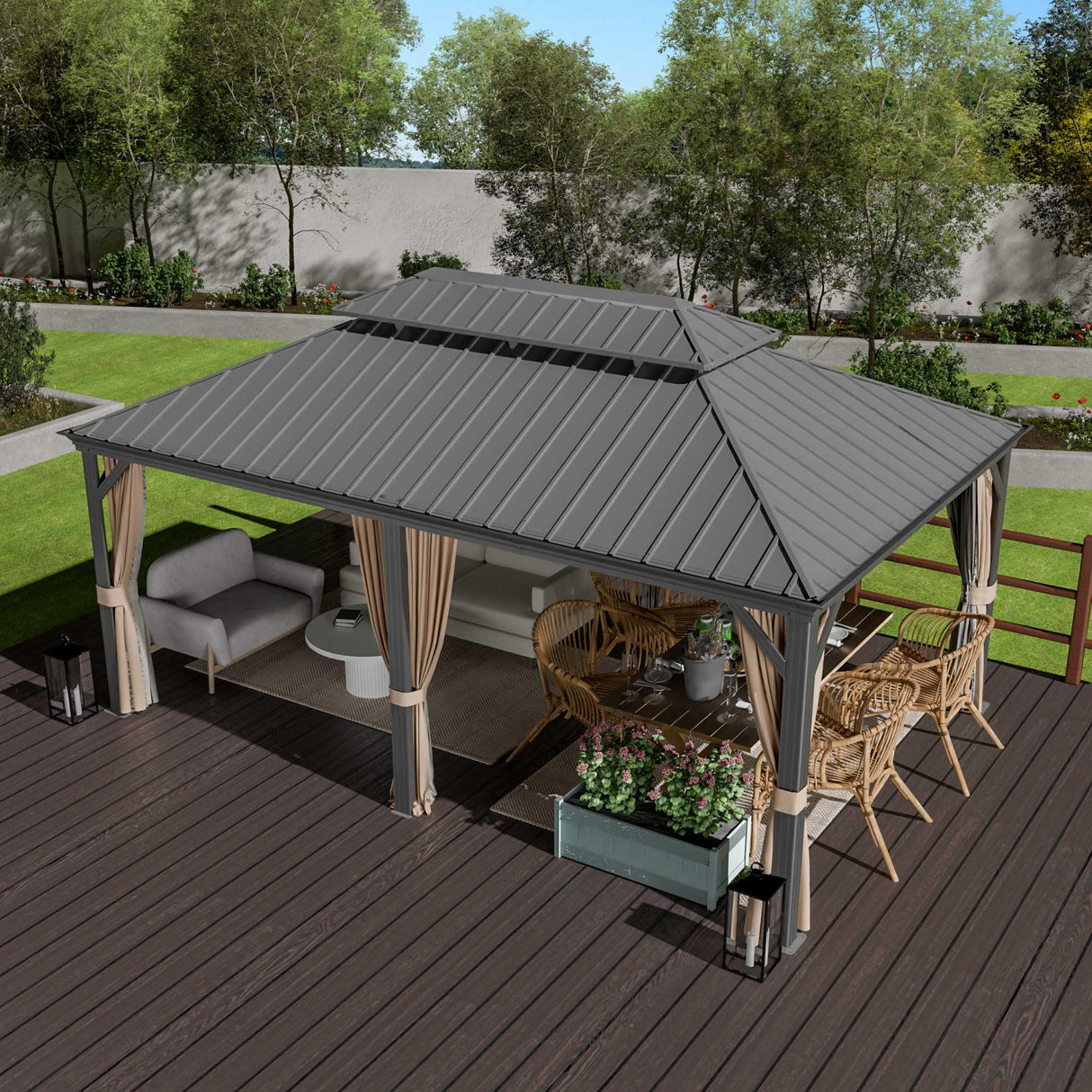 Yardsight 12' x 18' Hardtop Gazebo, Aluminum Frame Pavilion with Galvanized Steel Double Roof Heavy Duty Permanent Gazebo with Mosquito Netting and Privacy Curtain for Patio, Garden, Lawn. Yardsight