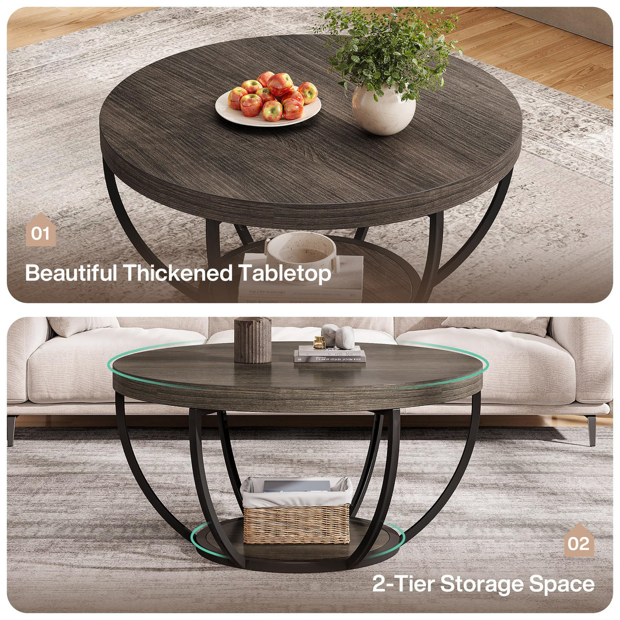 Tribesigns Round Coffee Table, 31.7" Wooden 2-Tier Circle Coffee Table with Storage Shelves, Modern Accent Cocktail Table Center Table for Living Room, Grey