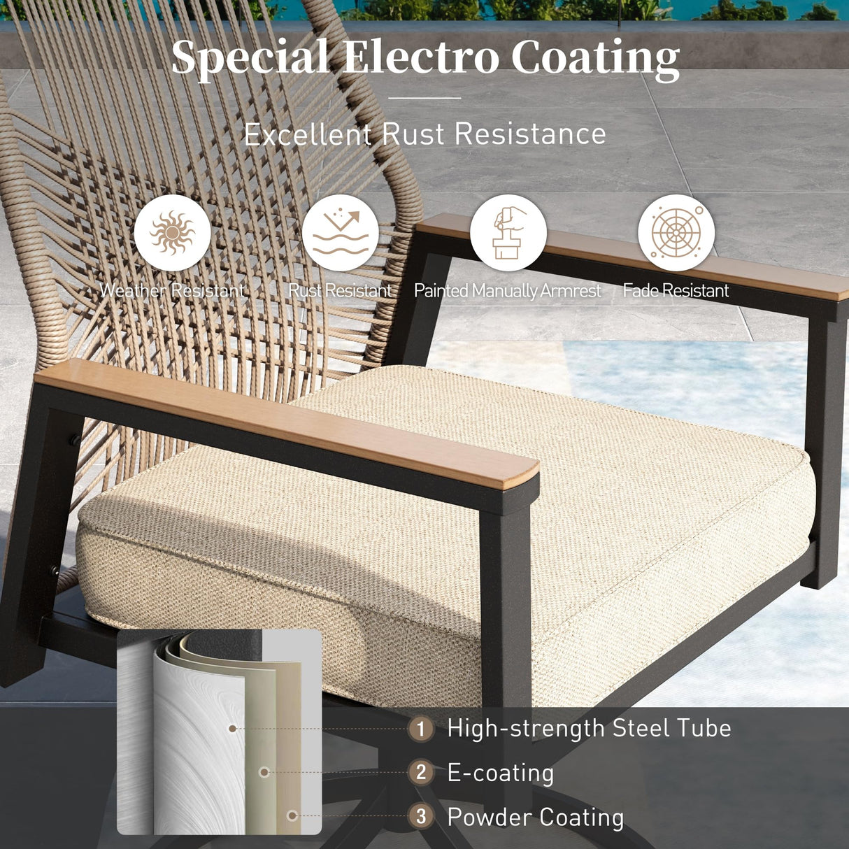 9 Pieces Patio Dining Set, 8 x Woven Rattan Chairs with Waterproof Cushion, 60" Square Metal Dining Table with Umbrella Hole, Outdoor Table and Chairs Set for Backyard Lawn and Deck, Beige SUNSHINE VALLEY