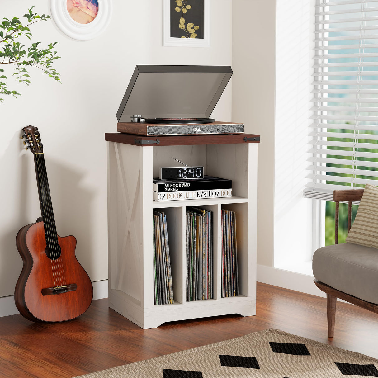 BEWISHOME Record Player Stand, Wood Turntable Stand with Vinyl Record Storage Up to 160 Albums, Farmhouse Record Player Table for Living Room Bedroom, White KCZ01W BEWISHOME