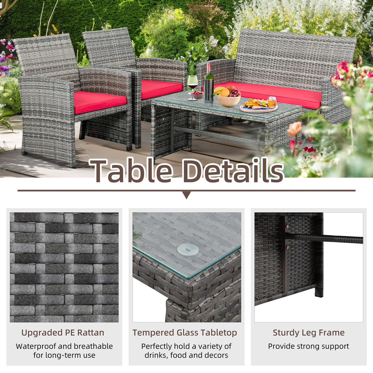 Shintenchi 4 Piece Patio Ratten Set Outdoor Furniture Set Wicker Conversation Set with Cushions and Tempered Glass Tabletop,Red Shintenchi