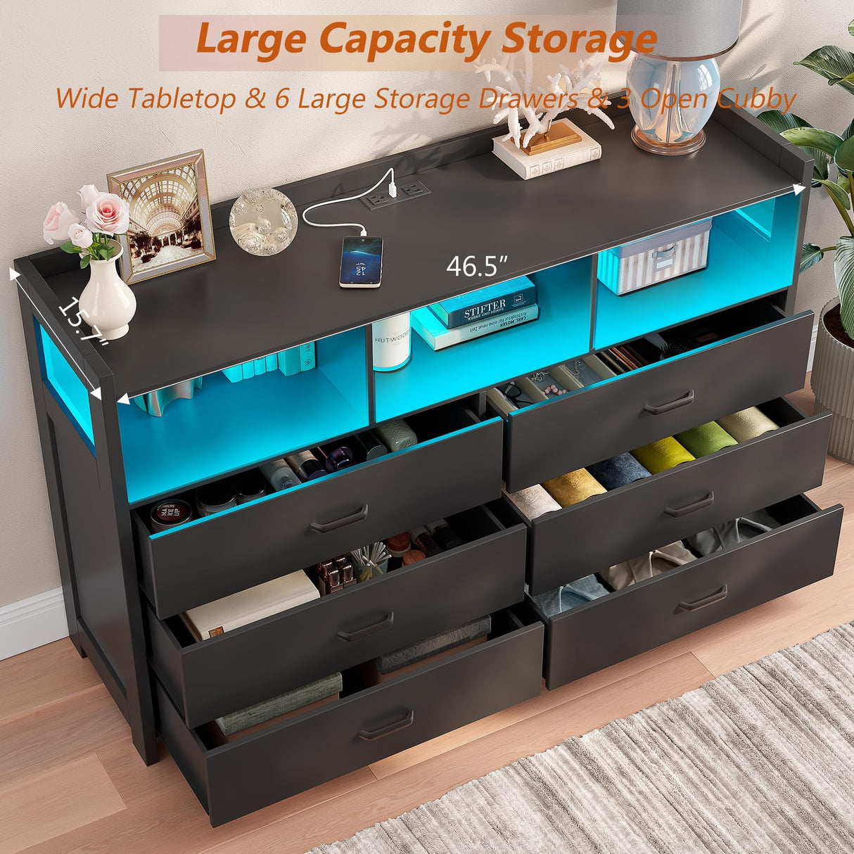 Alohappy Black Dressers for Bedroom, 6 Drawer Dressers with Lights, Wooden Dresser with Power Strip for Adults, Bedroom, Living Room, Entryway, Hallway Alohappy