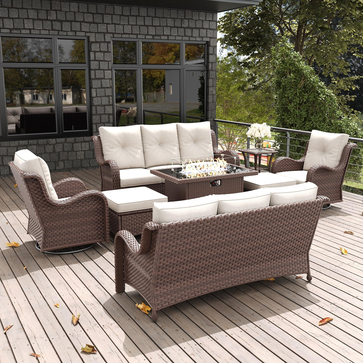 LayinSun 8 Pieces Outdoor Patio Furniture Set with Fire Pit Table, Rattan Wicker Sectional Swivel Rocker Chairs Sets with Ottomans, Swivel Glider Chair and Coffee Table LayinSun