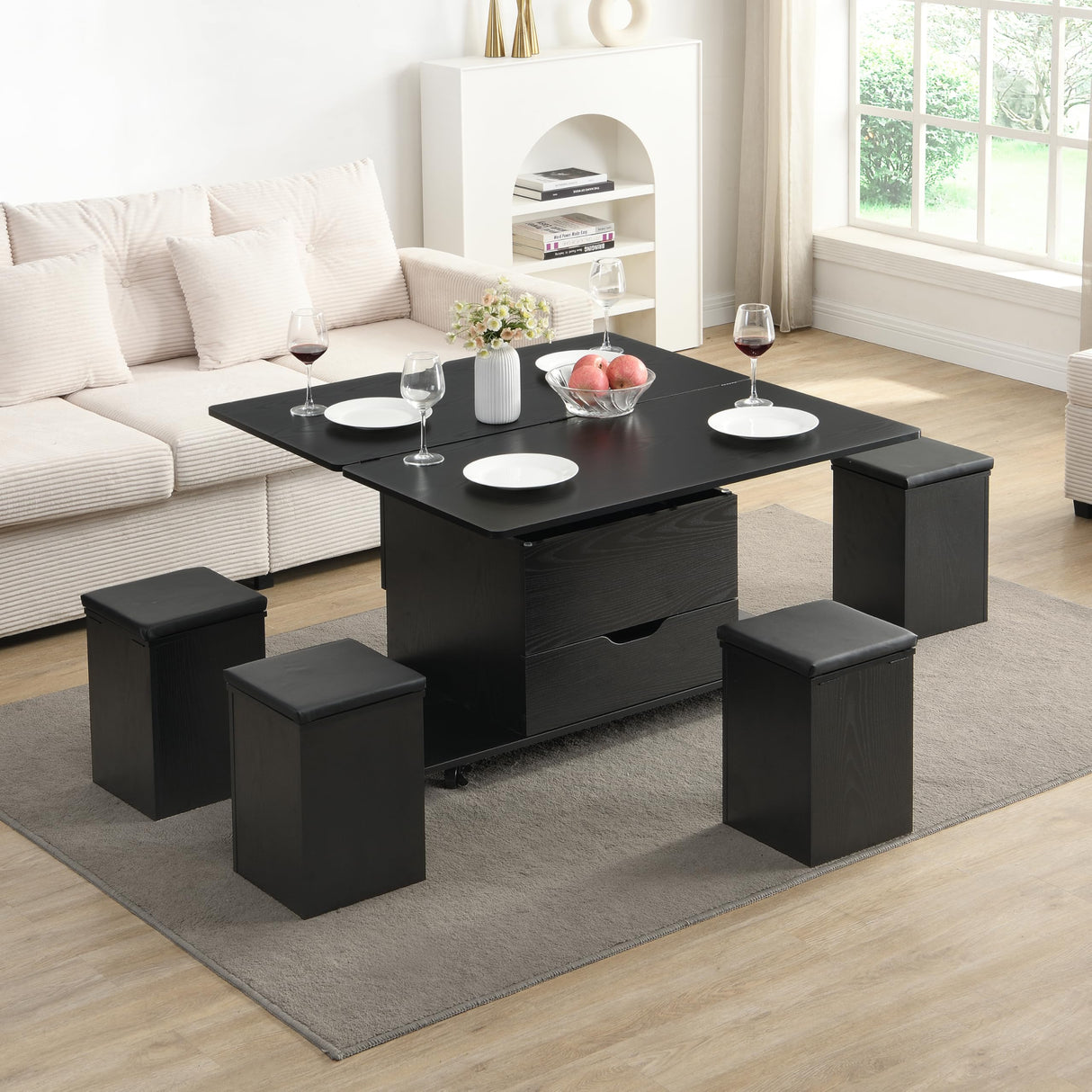 Christopher Knight Home Lucid Wooden Lift Top Coffee Table with Hidden Storage and 4 Stools, Center Table for Living Room with Compartment/Drawer, Multifunctional Table with Casters, Black Christopher Knight Home