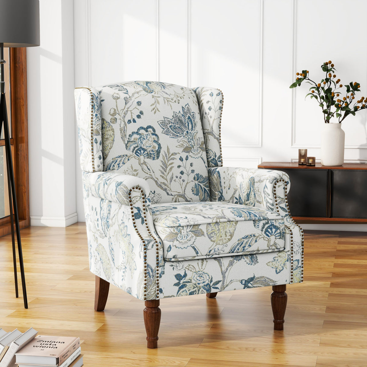 UIXE High Back Floral Accent Chairs Set of 2, Upholstered Armchair in Fabric, Retro Printed Wingback Arm Chair for Living Room, Nailhead Trim Single Sofa Bedroom Reading Seat - Plants Blue UIXE