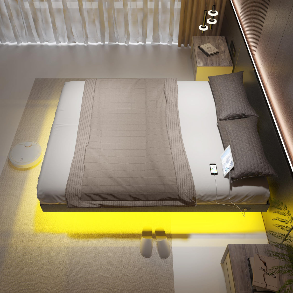 Muluflower King Size Floating Bed Frame with LED Lights and Charging Station - Modern Upholstered Metal Design, No Box Spring Required, Easy Assembly Muluflower