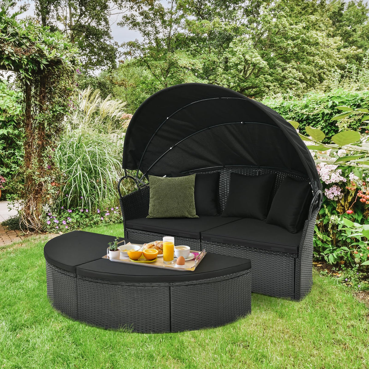 Tangkula Outdoor Patio Round Daybed with Retractable Canopy, Black Rattan Wicker Furniture Sectional Seating with Cushions and Throw Pillows, Seating Separates Cushioned Seats for Backyard (Black) Tangkula