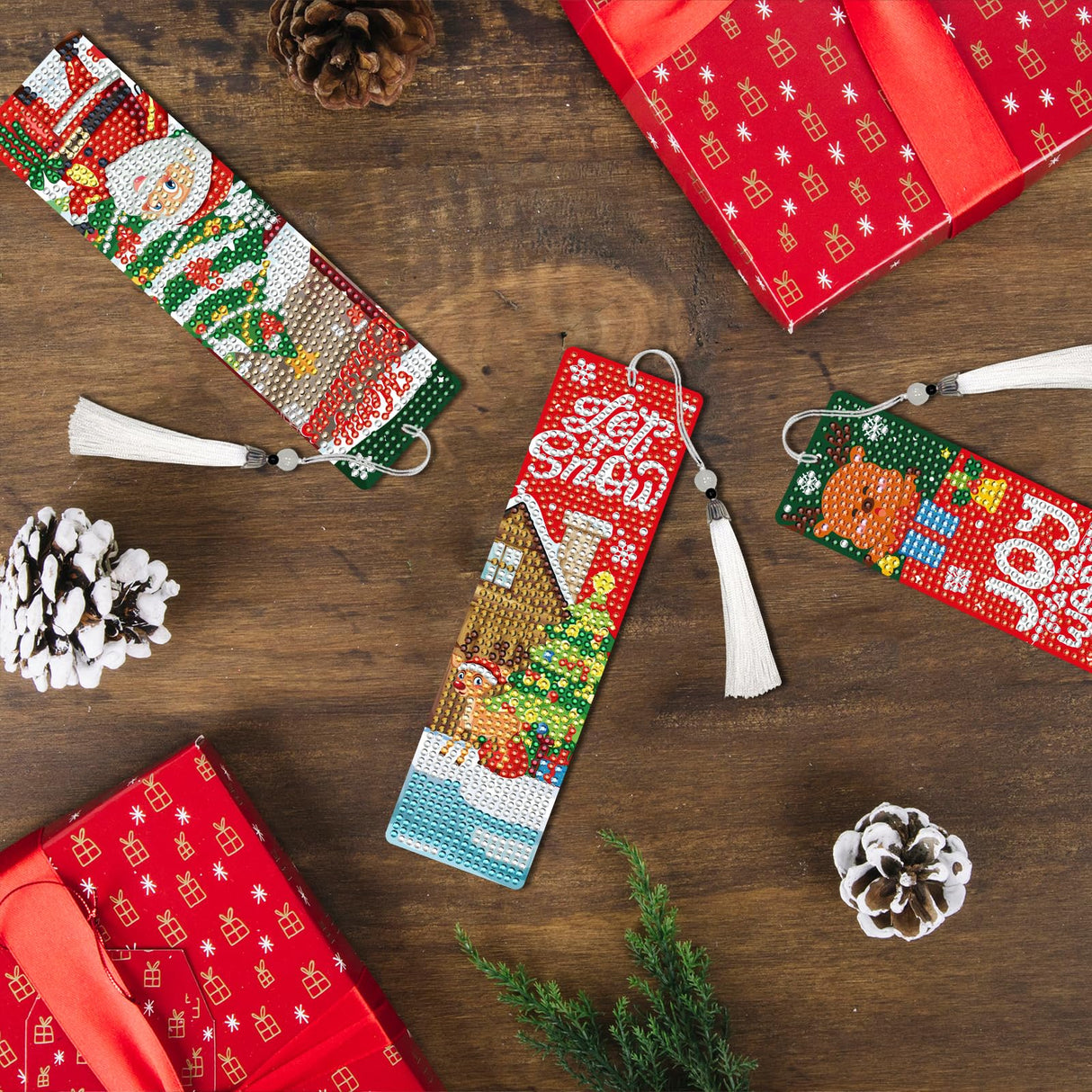INCOK Christmas Diamond Painting Bookmarks - 6 PCS Diamond Art Bookmarks Set with Tessel DIY Santa Claus Snowman Christmas Tree Reindeer Gem Art Craft Funny Merry Xmas Gift for Book Lover Students INCOK