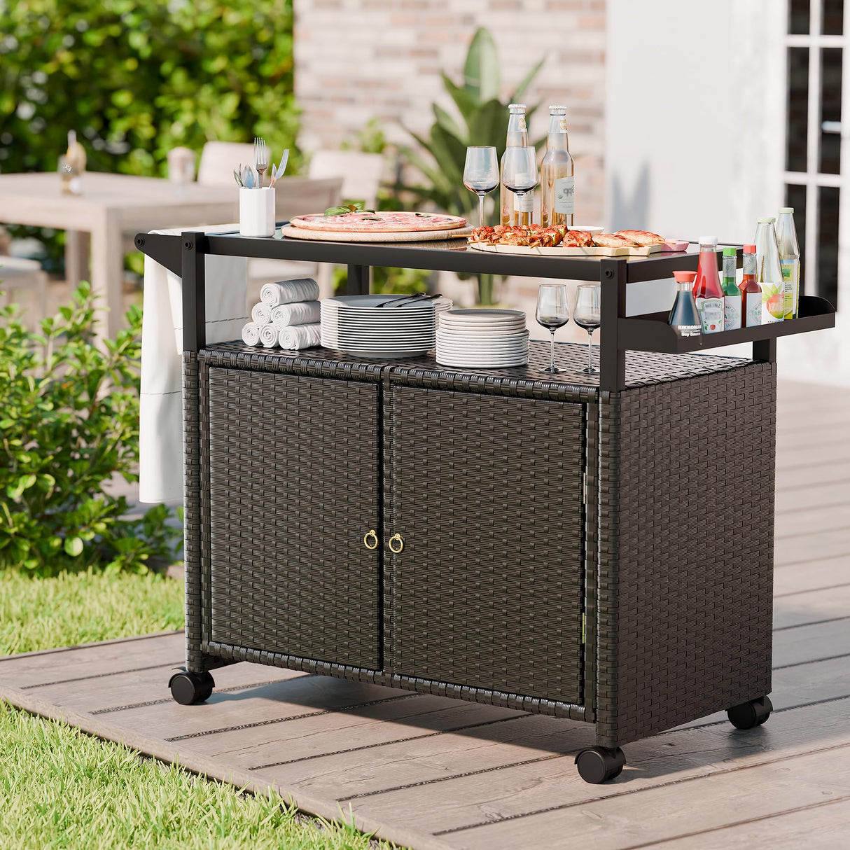 MU Outdoor Bar Cart with Storage and Wheels, Outdoor Bar Table with Tempered Glass Top & Shelf, Rolling Wicker Storage Cabinet with Rounded Handle & Side Basket for Backyard, Poolside, Garden, Black MU