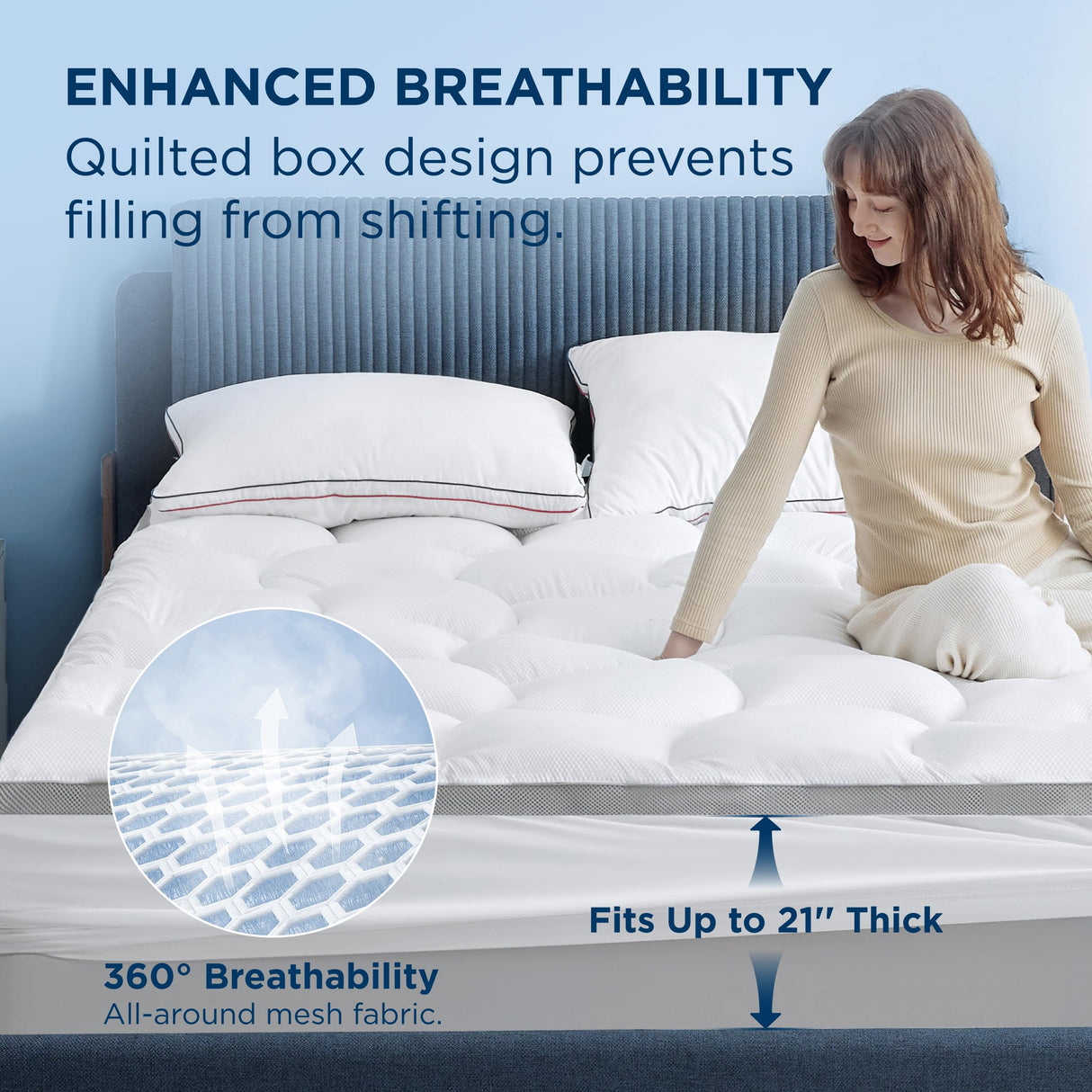 Bedsure Mattress Topper Queen - Pillow Top Queen Mattress Protector with 8-21 Inches Deep Pocket, 800 GSM Extra Thick Waterproof Bed Pad Fitted, Soft Cover Bed for Home, Bedroom, Hotel - White Bedsure