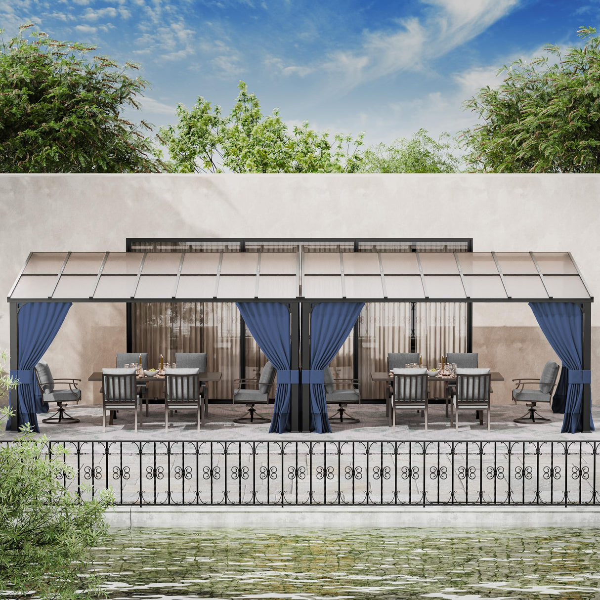 RTDTD 10' x 28' Gazebo,Hard Top Lean to Gazebo Wall Mount Heavy Hardtop Gazebo Outdoor Pergola with Curtains and Netting for Patio Garden Lawn Backyard Deck (Navy) RTDTD