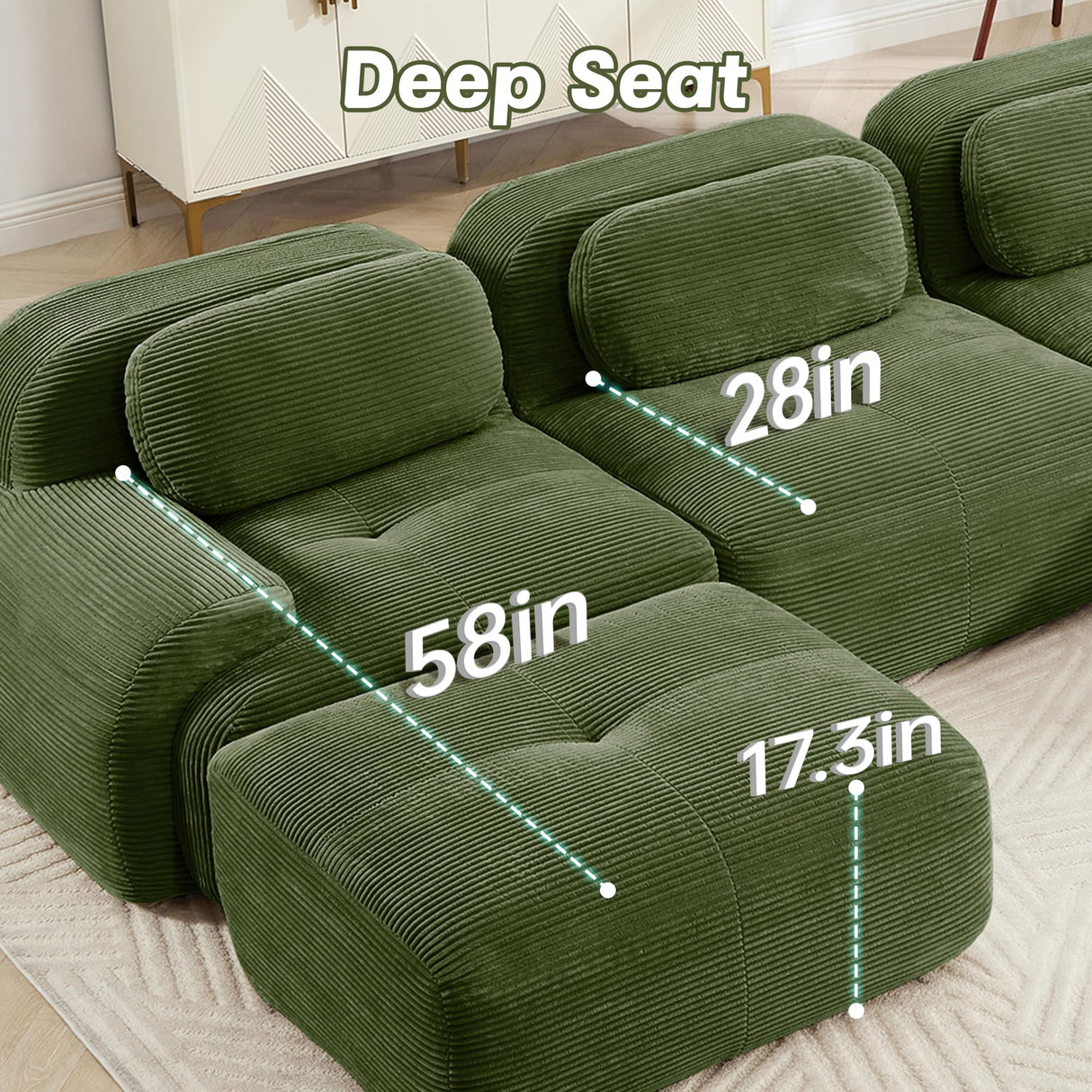 YESER Modular Sectional Sofa Boneless Couch, Cloud Sectional Couches for Living Room, Oversized L Shaped Couch with Deep Seat and Ottoman, Comfy Corduroy Upholstery Green Couches, No Assembly(3S+1O) YESER