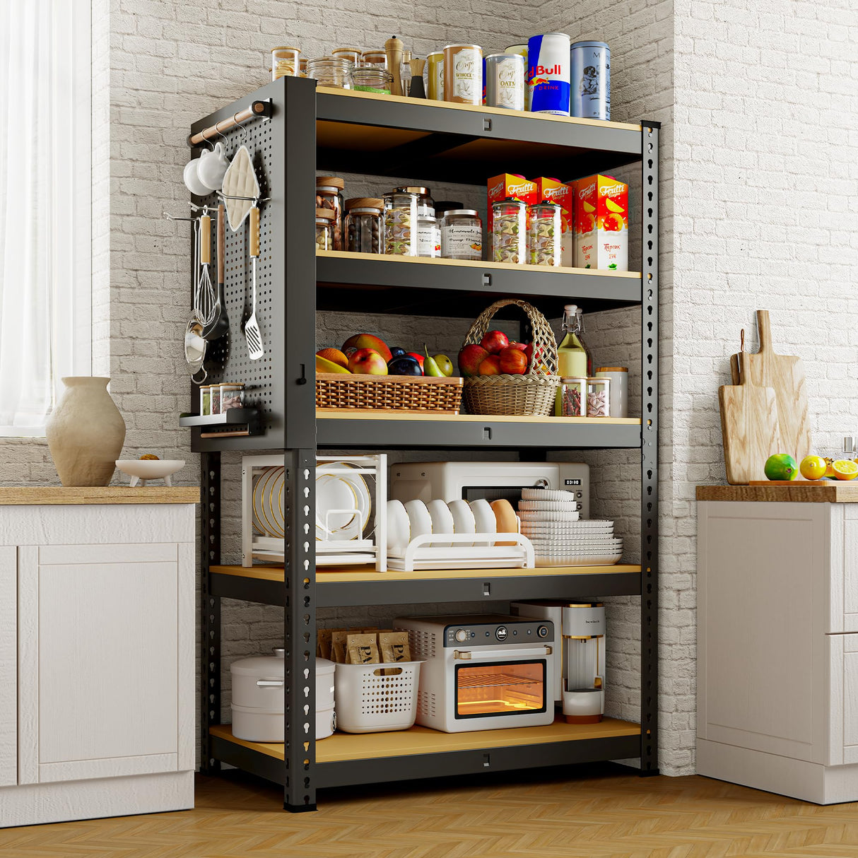 MAXLEAD Home Storage Shelves 5 Tier Garage Shelving Adjustable Garage Shelves 2100LBS Metal Shelving Unit with Metal Pegboard for Basement, Warehouse, Pantry, Kitchen. 60''H*11.8''D*27.5''W, Black MAXLEAD