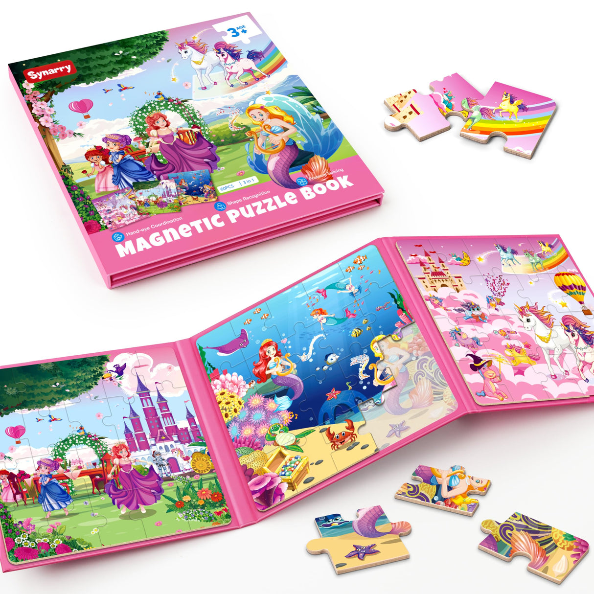 SYNARRY Unicorn Mermaid Princess Magnetic Puzzles for Toddlers 3-5 Girls, 20 Pieces Travel Puzzles for Kids Ages 4-6, Car Airplane Road Trip Activities Toys for 3 4 5 6 Year Old Girls Birthday Gifts SYNARRY