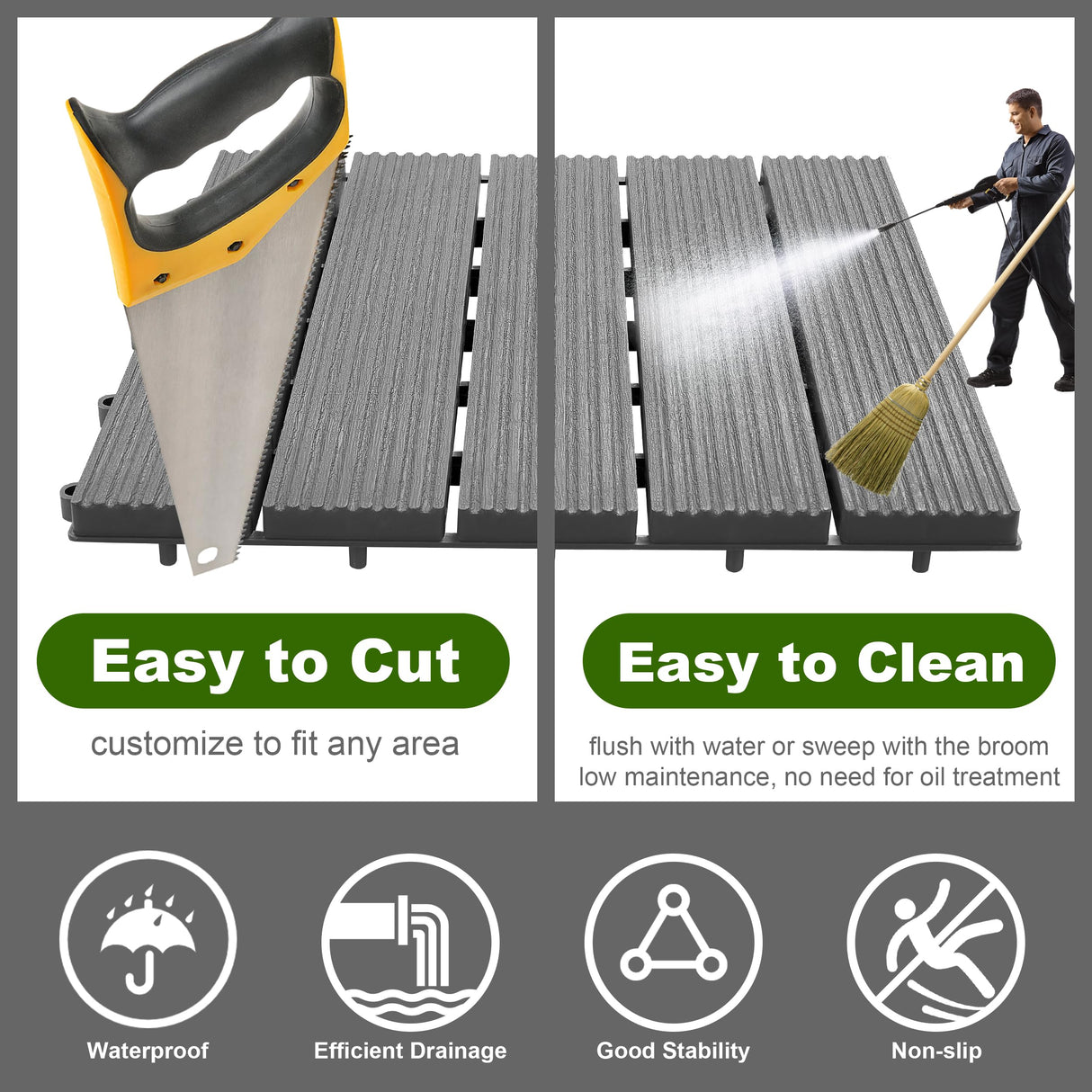 PrimeZone 54 PCS Plastic Interlocking Patio Deck Tiles - 12" x 12" Anti-Slip Waterproof Indoor Outdoor Flooring, Patio Floor Decking for Balcony, Backyard, Garden & Poolside, All Weather Use, Grey PrimeZone