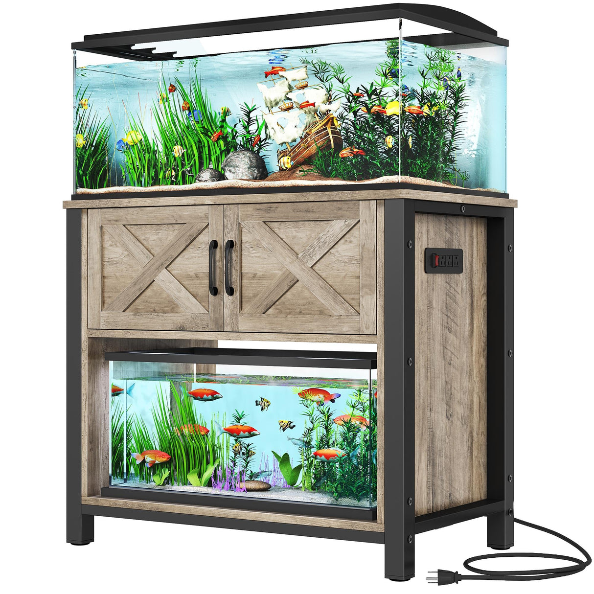 DWVO 40-50 Gallon Aquarium Stand with Power Outlets, Cabinet for Fish Tank Accessories Storage - Heavy Duty Metal Fish Tank Stand Suitable for Turtle Tank, Reptile Terrarium, 660LBS Capacity, Grey DWVO