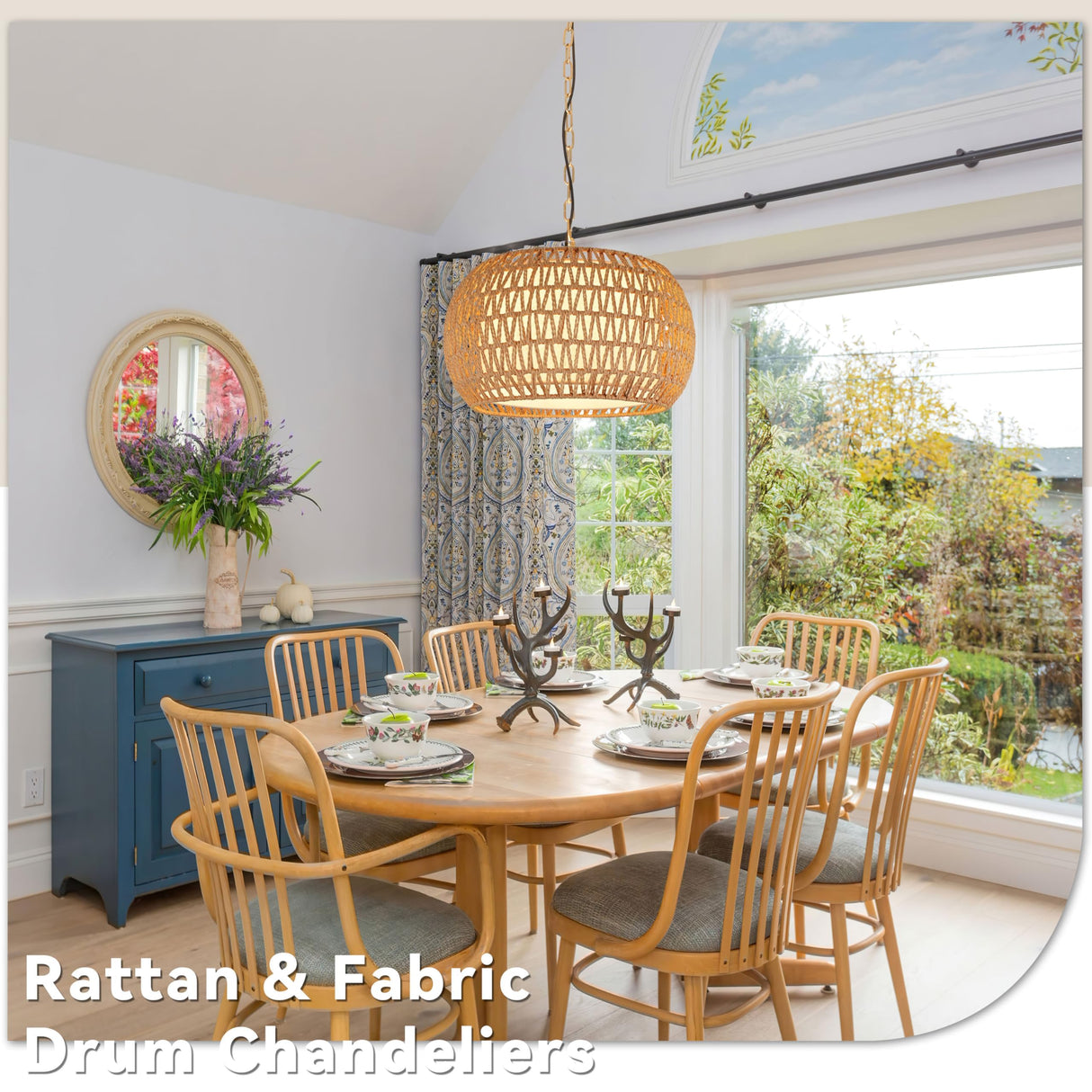 18" Rattan Farmhouse Chandeliers for Dining Room,3-Light Hand-Woven Rattan Chandelier,Farbic Shade Boho Chandelier Pendant Light fixture Drum Chandelier Hanging Lights for Bedroom Kitchen Island AyshwillDec