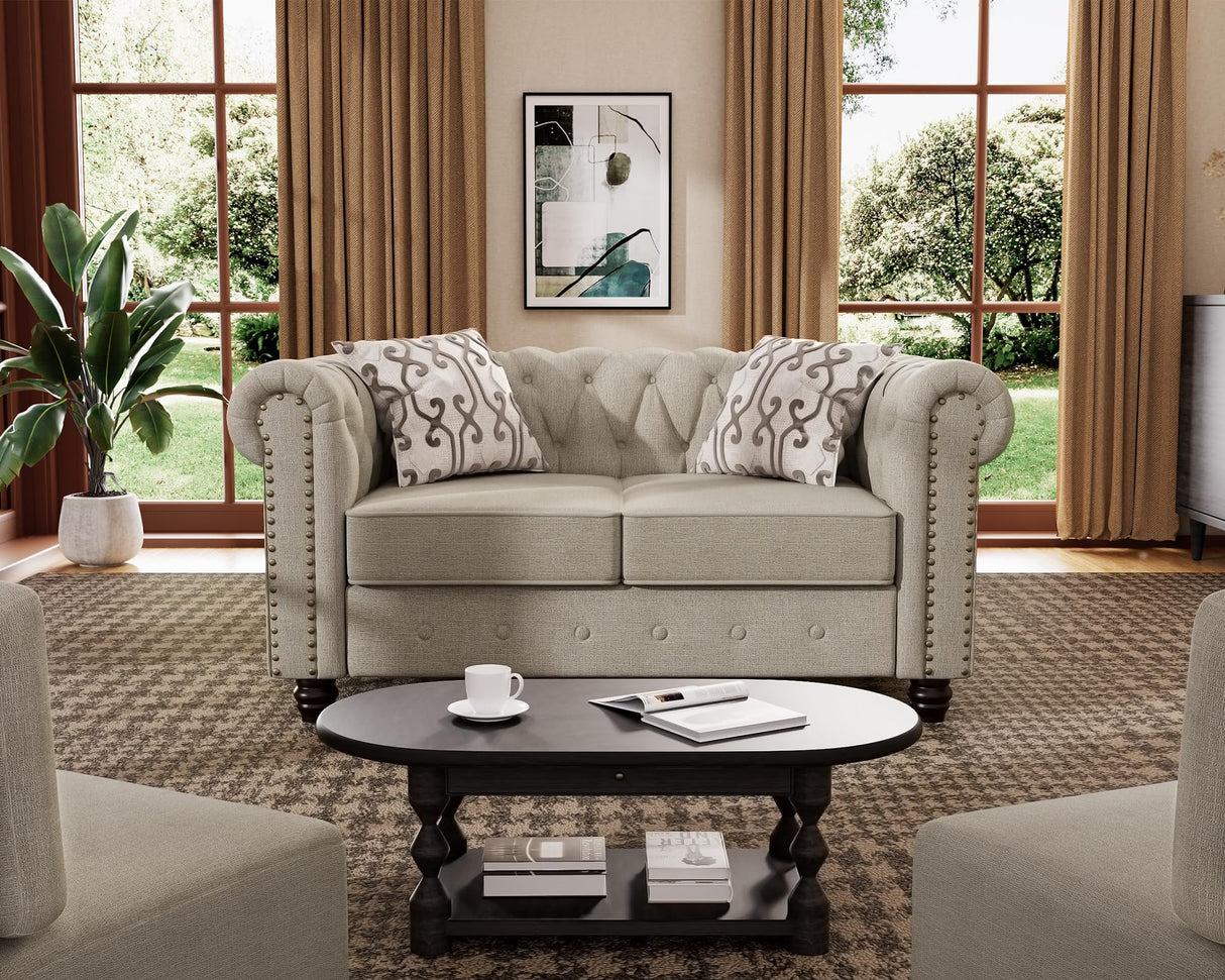 Morden Fort Classic Chesterfield Loveseat Set 60'', Tufted Loveseat Sofa Set with Solid Wood Legs Thick Cushion, Pet-Friendly 2-Seater Sofa Couch for Living Room Bedroom Apartment - Linen Beige Morden Fort