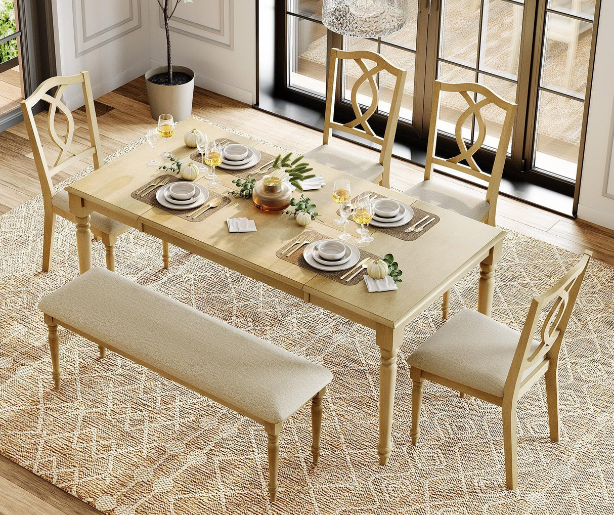 WAMPAT 6 Piece Dining Table Set, Wooden Rectangular Table for 6-8, 4 Dining Chairs with Cross-Back, Upholstered Bench with Rubber Wood Legs, Kitchen Table with Chairs for Dining Room, Oak WAMPAT