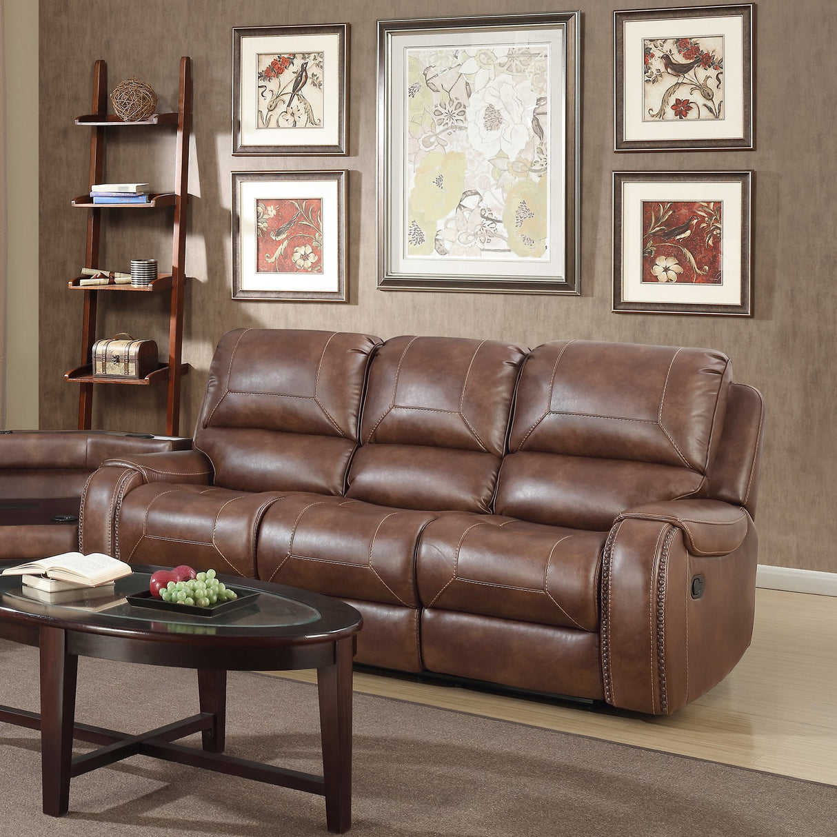 Roundhill Furniture Achern Leather Air Nail head Manual Reclining Sofa with Storage Console, Brown Roundhill Furniture