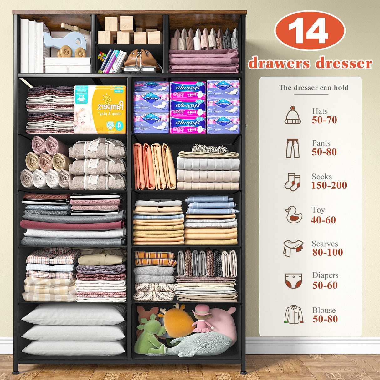 EnHomee 14 Drawer Dresser, Tall Dressers for Bedroom, Large Bedroom Dressers & Chests of Drawers, Sturdy Metal Frame & Wood Top, Easy Assembly, Closet, Living Room, Rustic Brown EnHomee