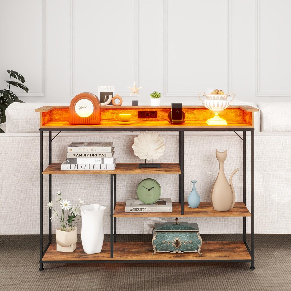 Welfuturer Console Table with Outlets and USB Ports 4Tier Sofa Table with LED Light and Open Shelves Industrial Entryway Hallway Side Table for Living Room Foyer Couch Hallway Rustic Brown Welfuturer