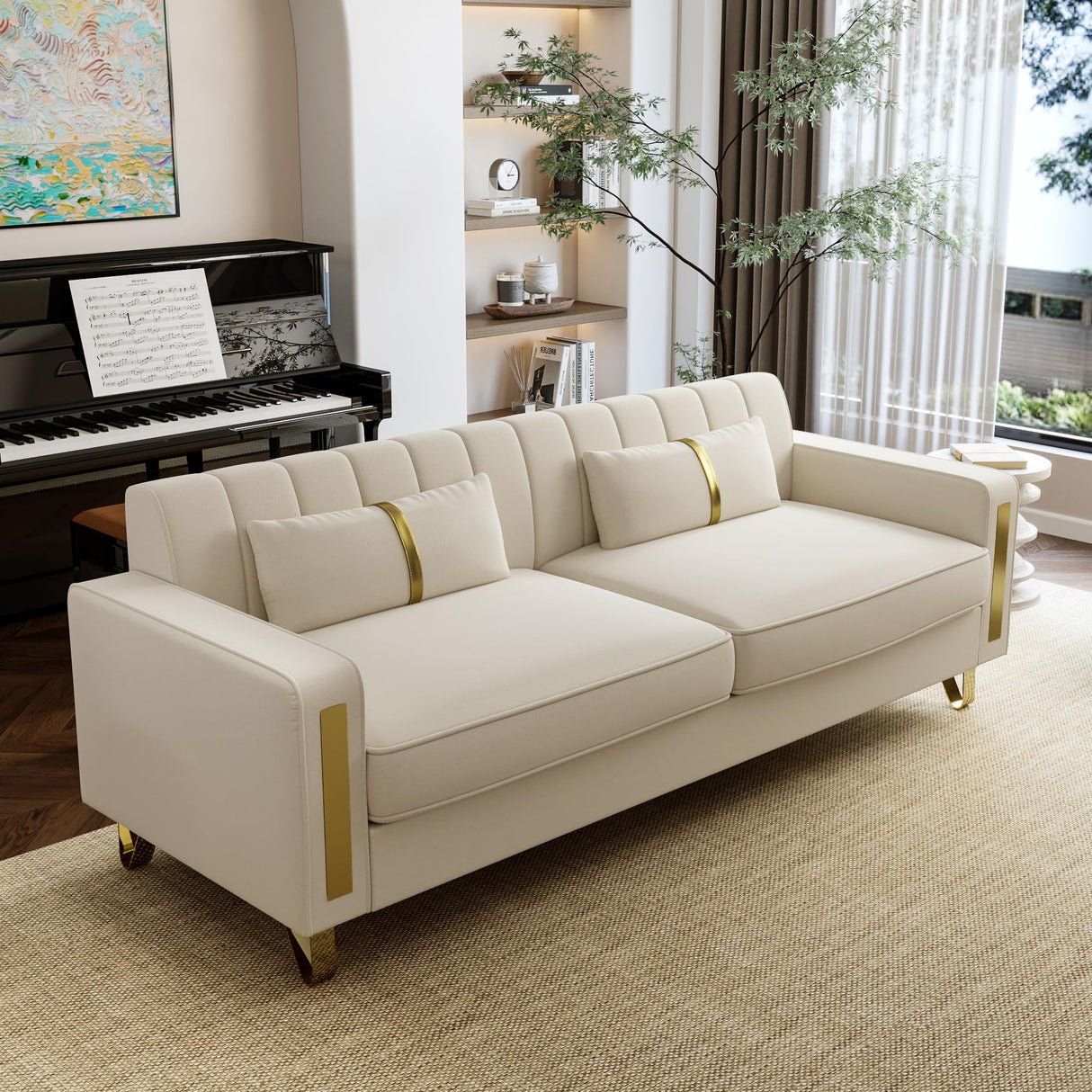 DOOSOODAA 2-Piece Loveseat Couch Set for Living Room, 86" Beige Velvet Sofa Couch with 4 Pillows & Gold Metal Legs, Modern Upholstered Sofa Set Love Seat Sectional Couches for Apartment Home Office DOOSOODAA