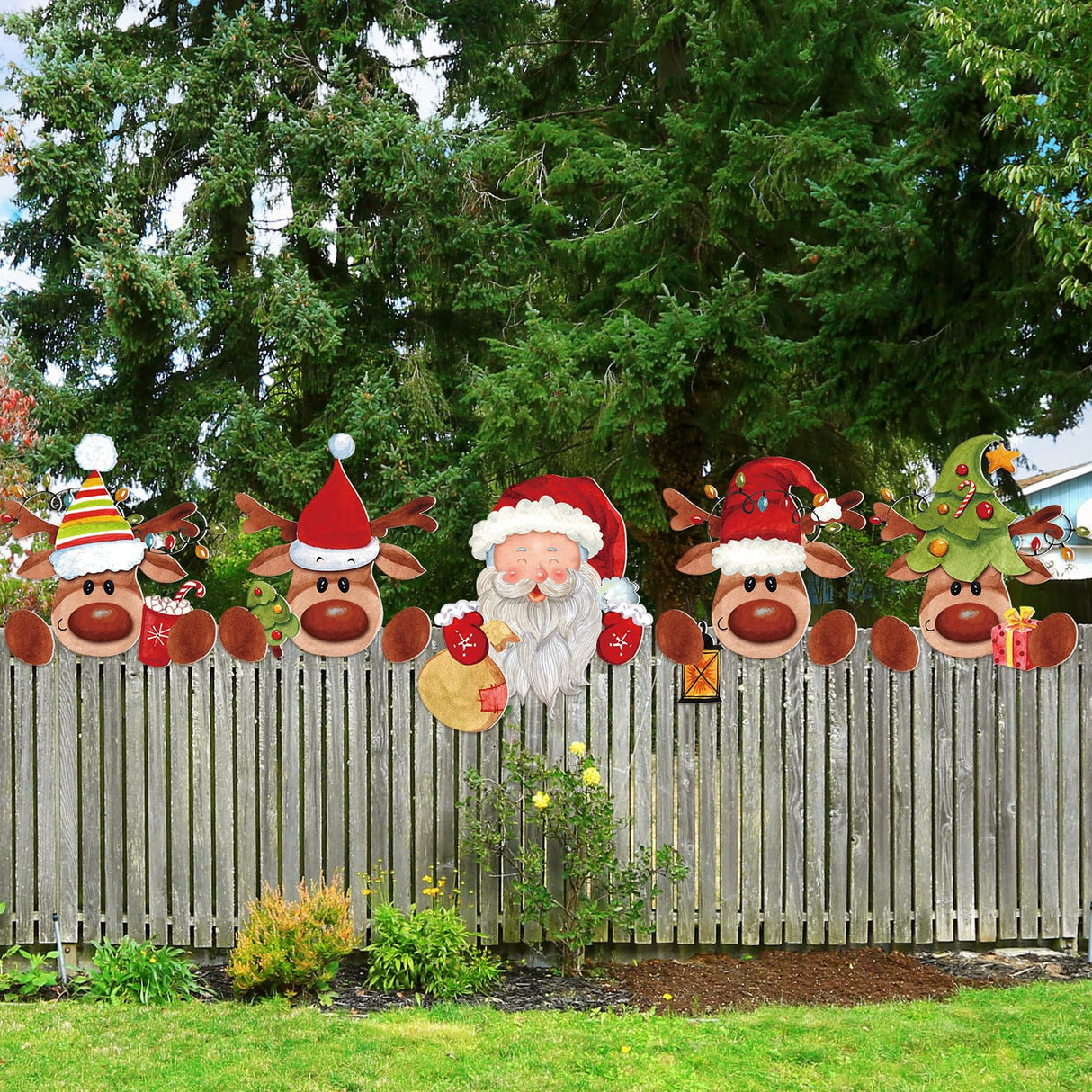 Barydat 5 Pcs Christmas Fence Peeker Decoration Peeking Garden Yard Decorations Outdoor Xmas DIY Cute Garden Fence Sign Ornament for Home Yard Sign Art Patio Holiday Decor(Santa and Elk) Barydat