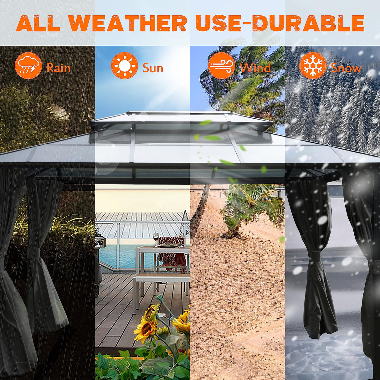 MUPATER Outdoor 10' x 13' Polycarbonate Hardtop Gazebo with Aluminum Frame, Double Roof Canopy, Netting and Curtainsfor Patios, Deck, Lawns, Gardens and Pools MUPATER