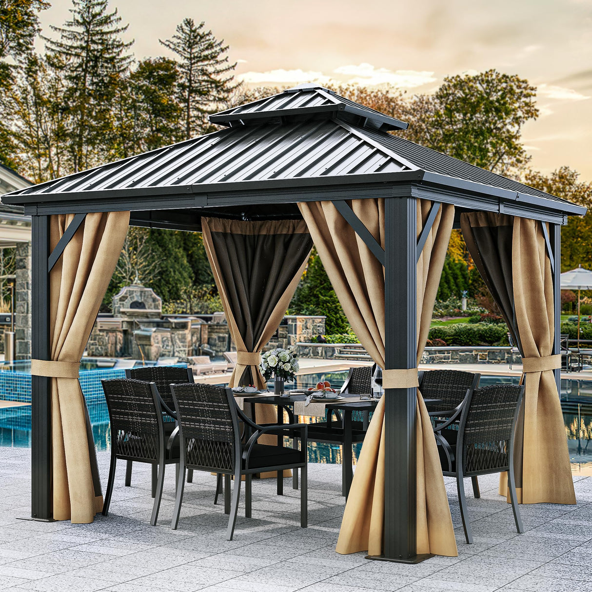 DWVO 10x10ft Hardtop Gazebo Double Roof with Nettings and Curtains, Heavy Duty Galvanized Steel Outdoor Vertical Stripes Roof for Patio, Backyard, Deck, Lawns, Brown DWVO