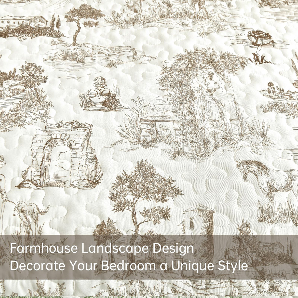 Drucon Khaki Quilt Set King Size, Toile Farmhouse Bedspreads, 3 Pieces Rustic Village Landscape Printed Coverlet, Soft Microfiber Quilt Bedding Set for All Season (106x90 Inch) Drucon