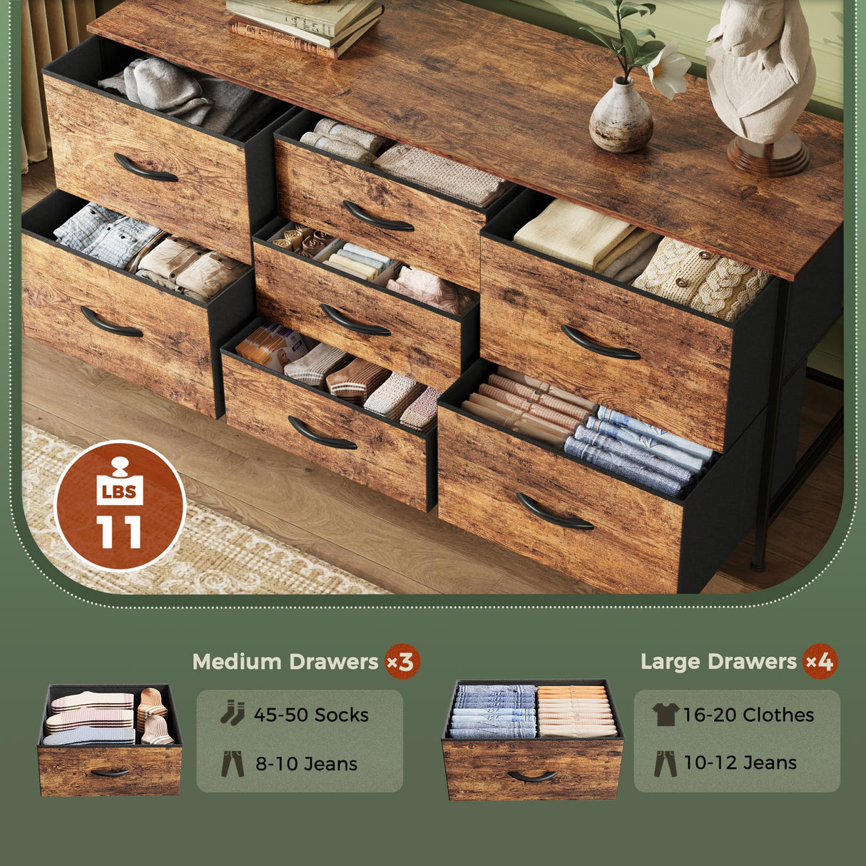 Huuger Dresser with 7 Drawers, 47 Inch Dresser TV Stand for 43, 50, 55 Inch TV, Wide Fabric Dresser Chest of Drawers, Metal Frame, Storage Dresser for Bedroom, Nursery, Clothing, Rustic Brown Huuger