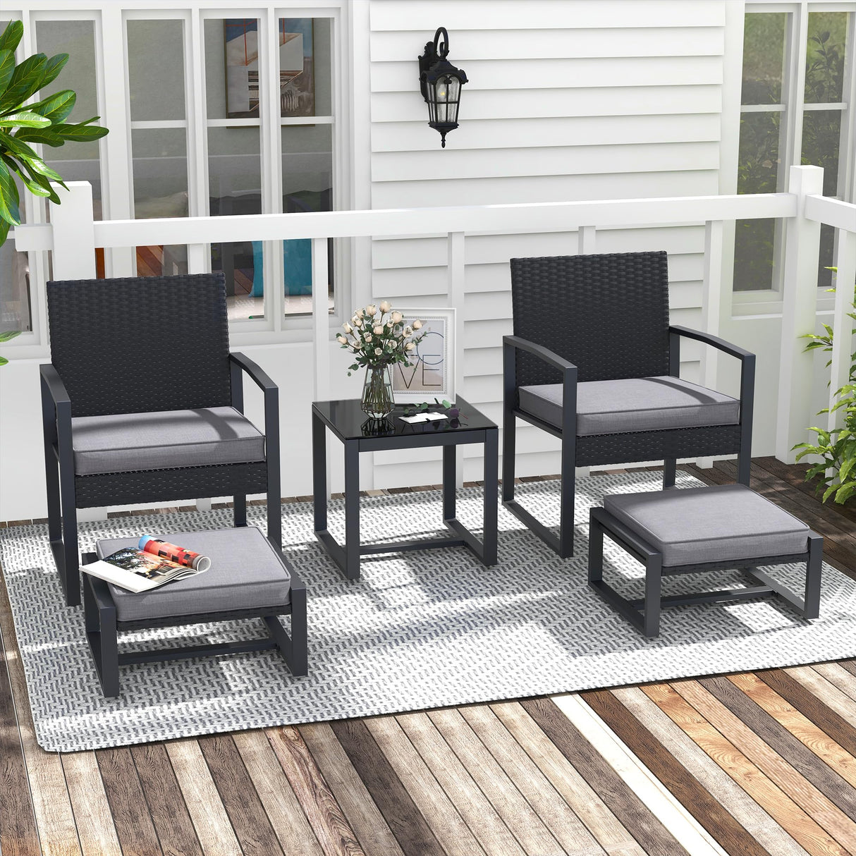JOIVI 5 Pieces Patio Bistro Set, PE Wicker Outdoor Patio Furniture Set, Modern Rattan Patio Chairs with Table & Ottomans, Patio Conversation Sets for Balcony, Front Porch, Poolside, Gray Cushion JOIVI