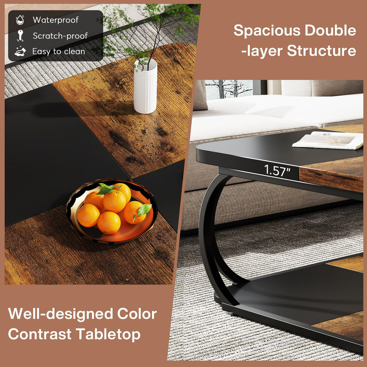 LITTLE TREE 40 inch Coffee Table with Storage Shelf, 2-Tier Low Square Coffee Table with Farmhouse Wood Tabletop Heavy Duty Metal Curved Frame for Living Room, Black Rustic Brown LITTLE TREE