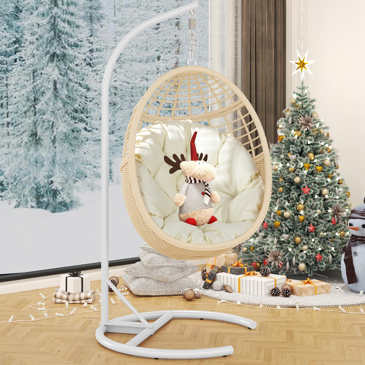TWT Egg Chair Indoor Outdoor Patio Wicker Hanging Egg Chair Swing Egg Basket Chairs with Stand UV Resistant Cushions 350lbs Capacity for Patio Bedroom Balcony Xmas Gift Beige TWT