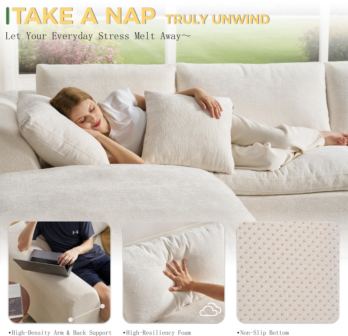 SITJOY L Shape Sectional Sofa, 4 Seat Velvet Sofa with Ottoman, Boneless Cloud Sectional Couch for Living Room, No Need Assembly Modular Sectional Sofa, 110 inch Width, White SITJOY