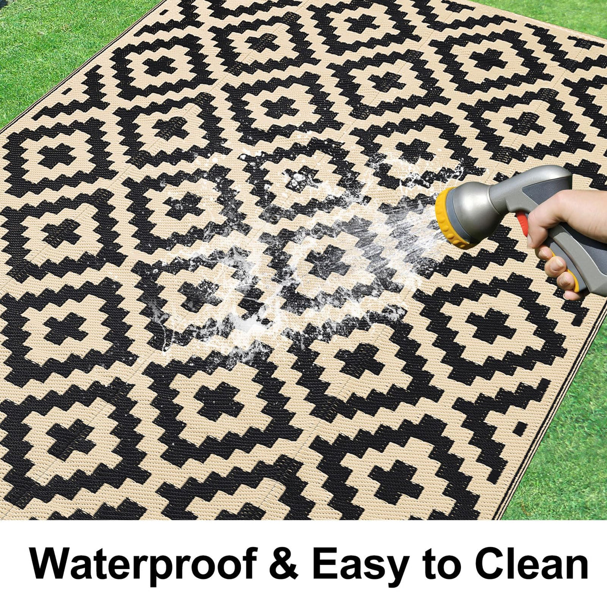 Smiry Waterproof Outdoor Rug 5x8 ft, Reversible Plastic Straw Patio Camping Rugs, Outdoor Indoor RV Mat Carpet for Patio, Outside Entry, Backyard, Deck, Bench, Picnic, Camper, Black & Beige Smiry