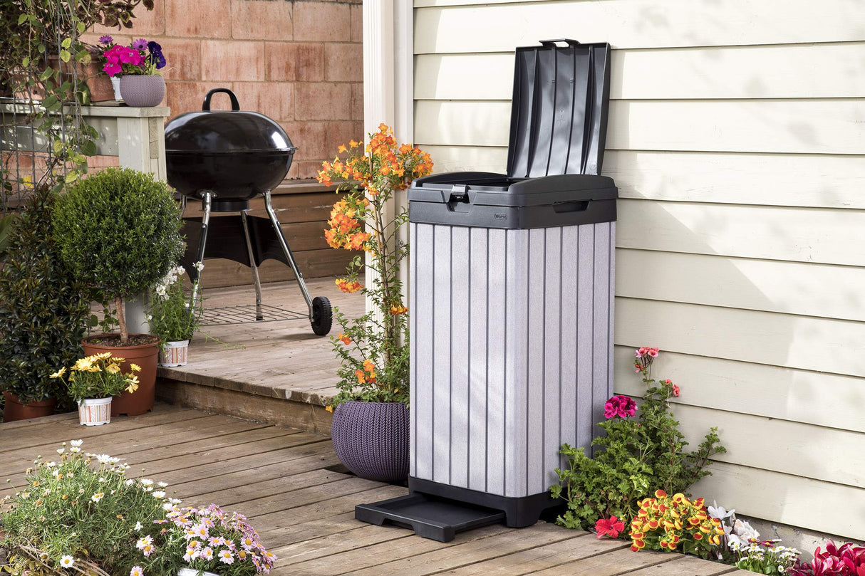 Keter Rockford Resin 38 Gallon Outdoor Kitchen Trash Can with Lid and Drip Tray for Easy Cleaning-Perfect for Patio Dining, Grey Keter