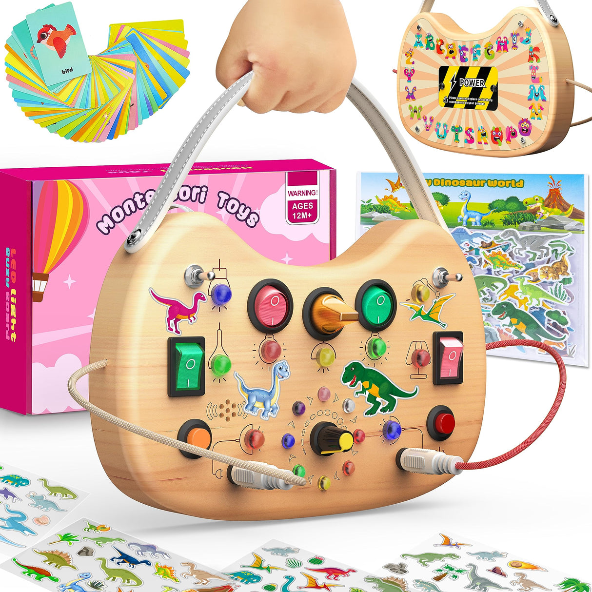 flycoost Montessori Toddler Busy Board, Wooden Busy Board with 17 LED Lights, Travel Toys for Toddlers 1-3 Years, Light Switch Toys, Toddler Sensory Boards, Toys for 1 Year Old Girls flycoost