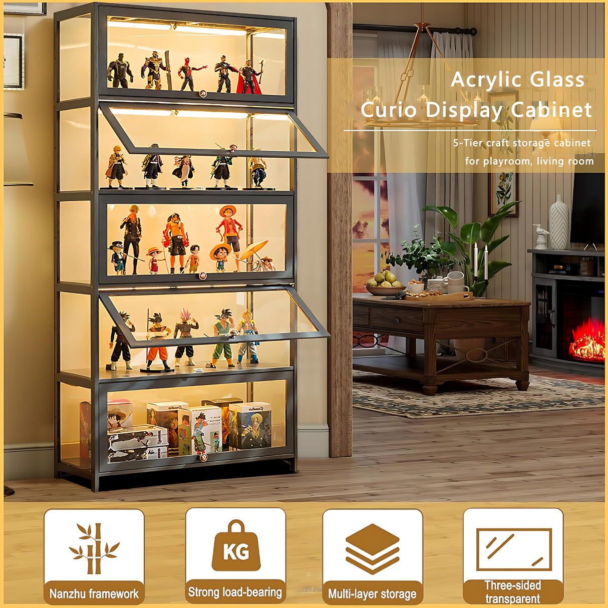 HAOWANJP Curio Display Cabinet 5-Tier Storage Shelves with Acrylic Door, Collectibles Toy Organizers Rack & Display Shelf, Kids Bookshelf and Bookcase for Playroom, Bedroom (Black-Flip) HAOWANJP