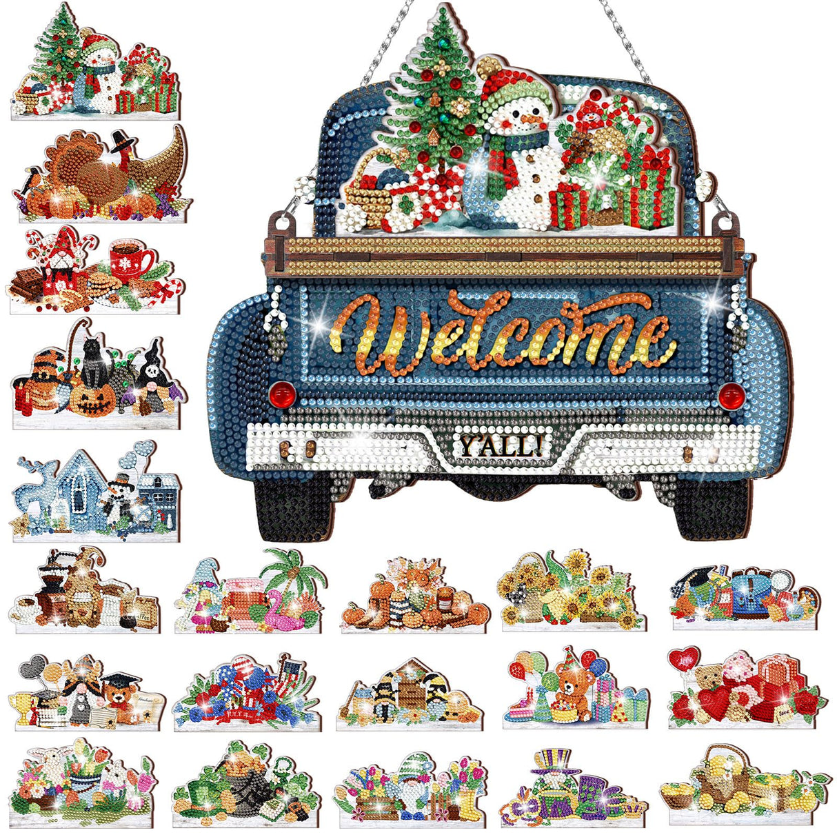 Burbell 21 Pcs Interchangeable Diamond Painting Welcome Sign for Front Door Diamond Painting Truck Decor Interchangeable Seasonal Welcome Sign for DIY Art Kit Wall Window Door Farmhouse(Blue) Burbell