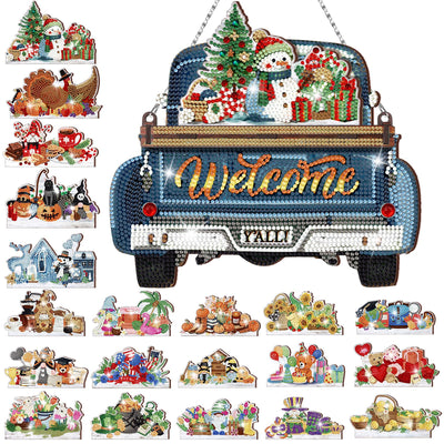 Burbell 21 Pcs Interchangeable Diamond Painting Welcome Sign for Front Door Diamond Painting Truck Decor Interchangeable Seasonal Welcome Sign for DIY Art Kit Wall Window Door Farmhouse(Blue)