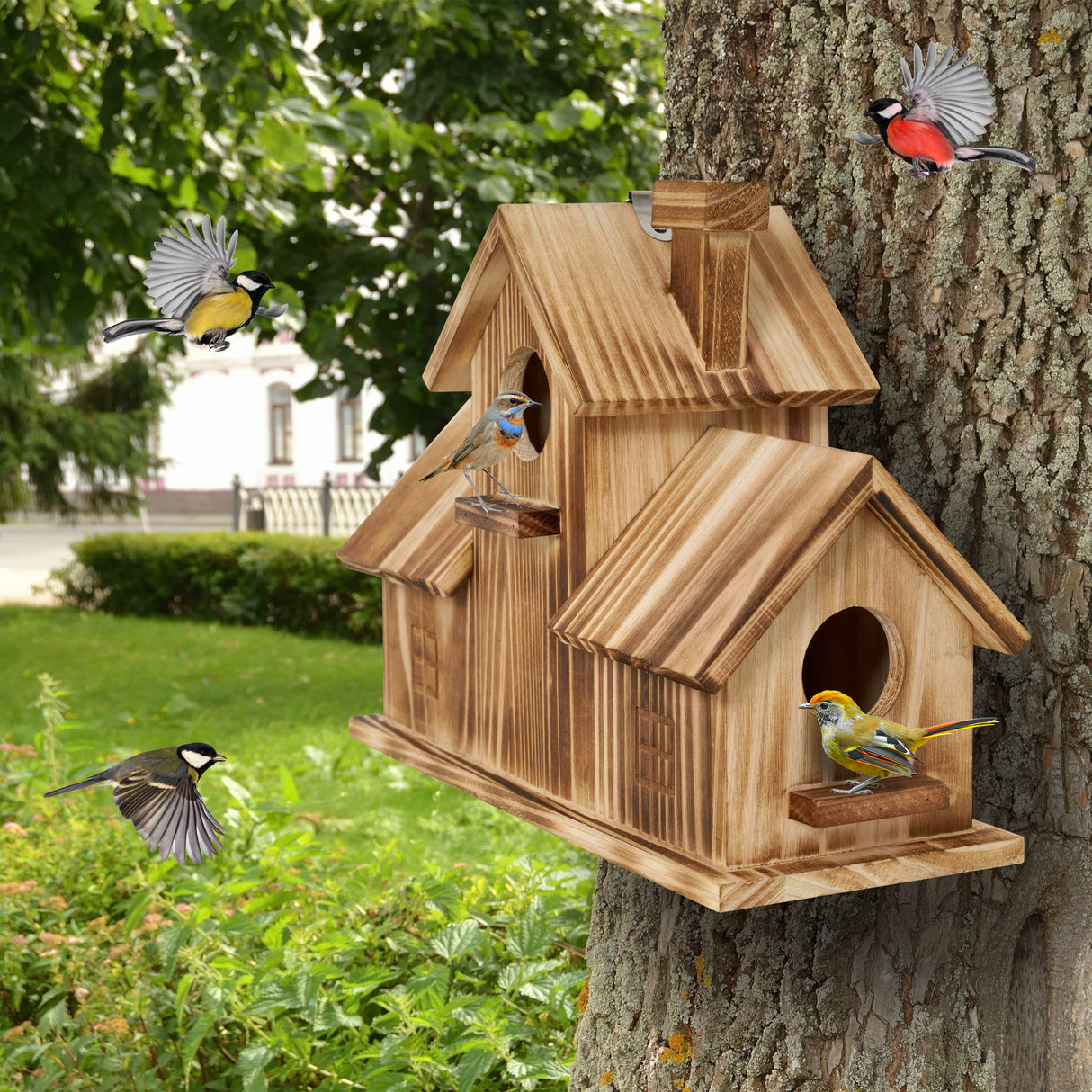 MIXUMON Bird Houses for Outside, Outdoor 3 Hole Bird House Room for 3 Bird Families Bluebird Finch Cardinals Hanging Birdhouse for Garden (Style 1) MIXUMON