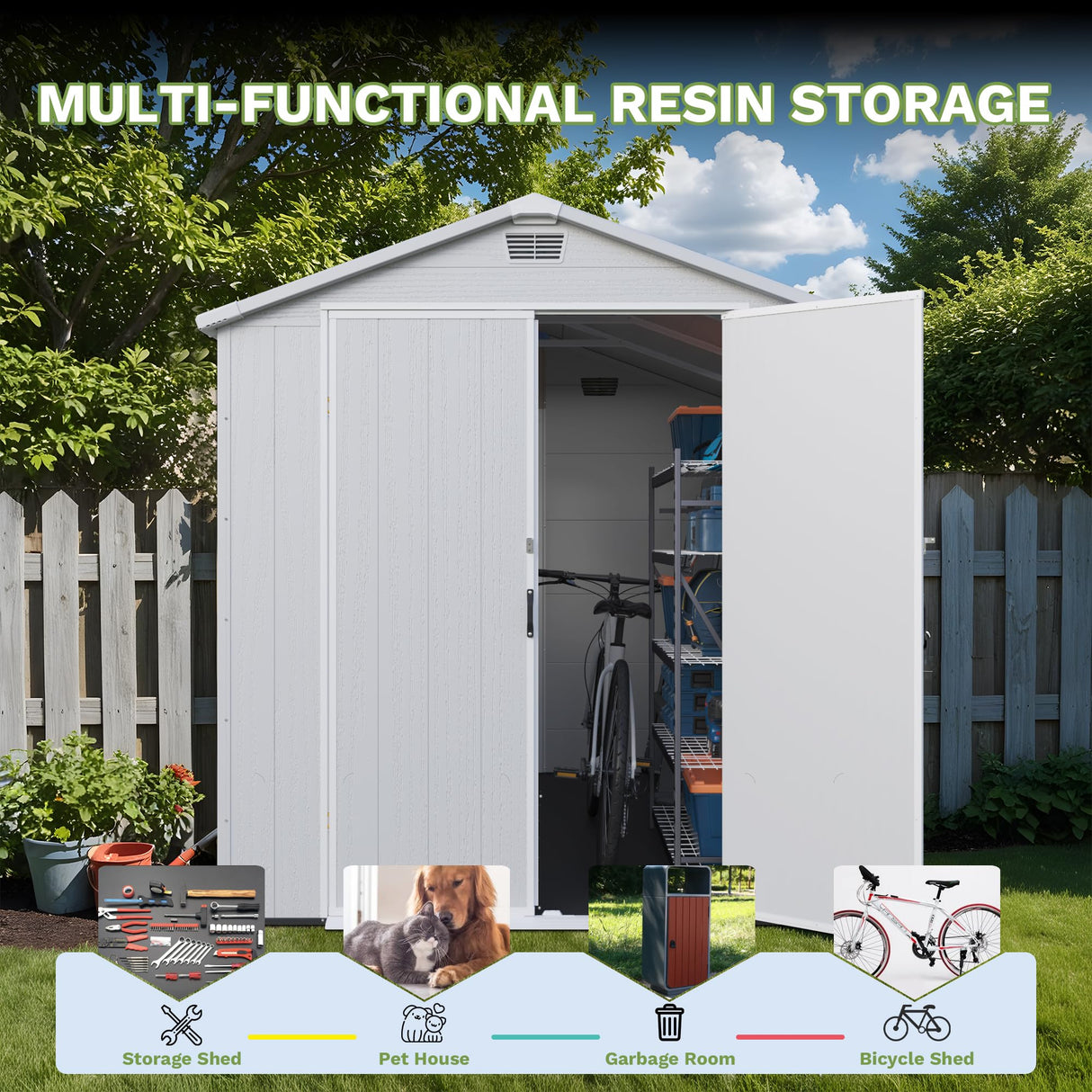 Greesum 6×8FT Plastic Outdoor Storage Shed with Floor, Resin Storaged Sheds with Lockable Double Door, Windows & Vents, All-Weather Tool Sheds for Garden, Backyard, Patio, Light Gray Greesum