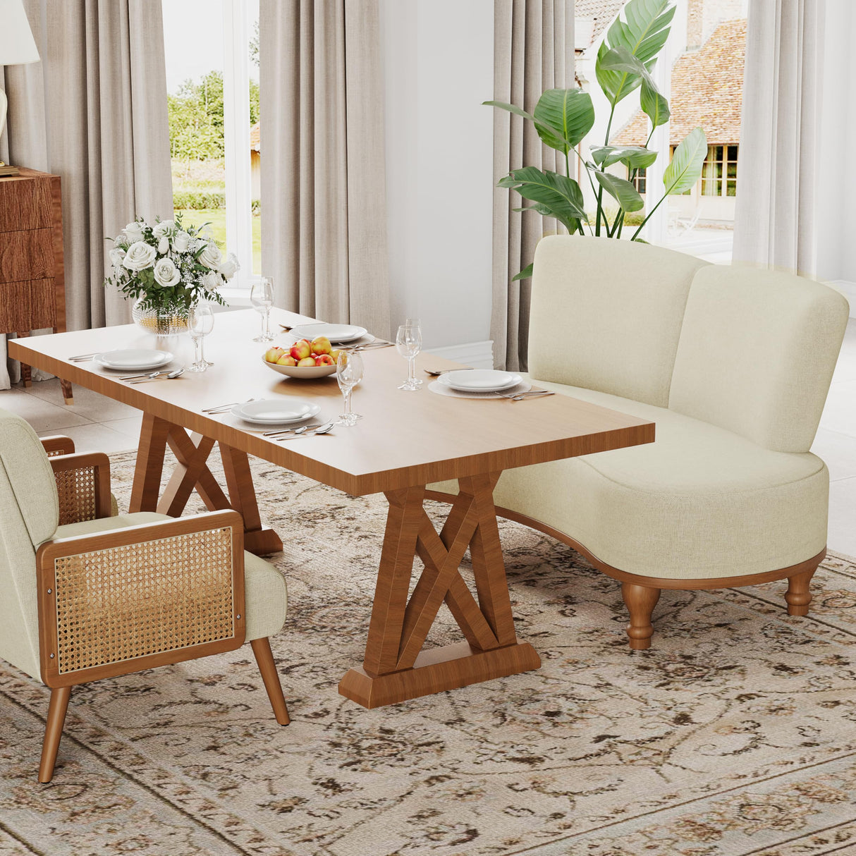 ALISH 49" Small Loveseat Sofa Settee Curved Sofa Couch Upholstered Dining Banquette Bench with Backrest and Wooden Legs for Dining Room Living Room Bedroom Funiture, Ivy ALISH